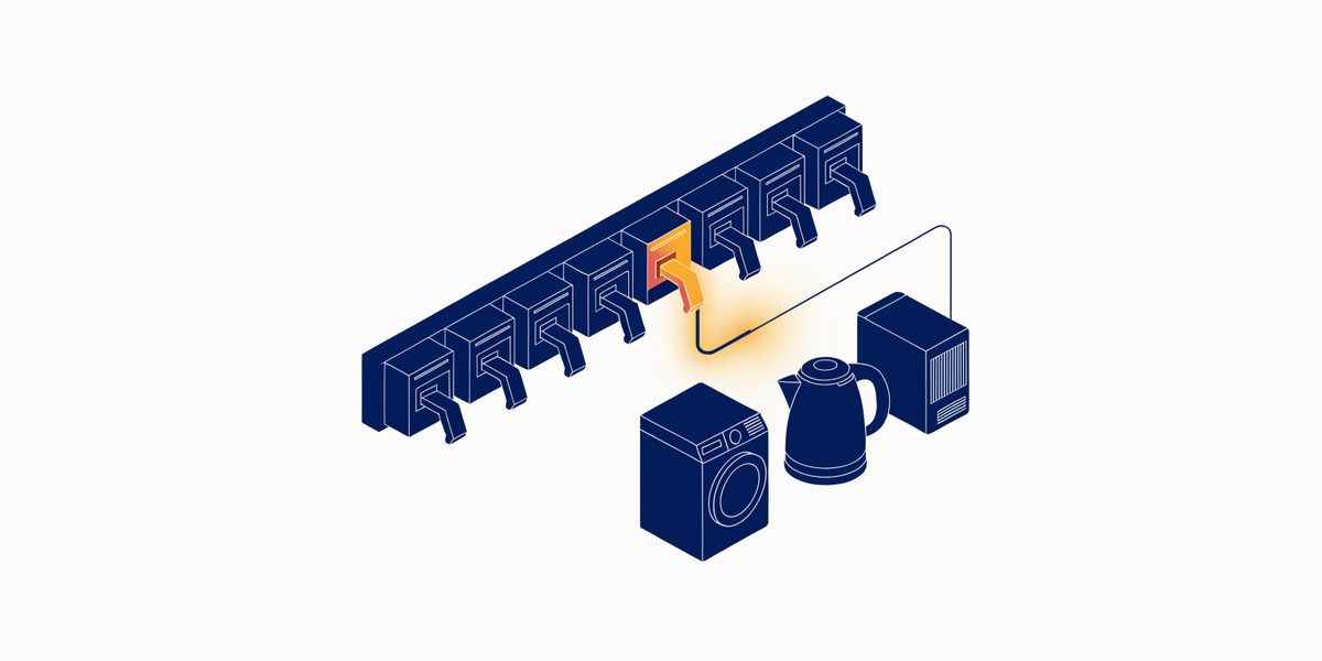 Illustration en style dessiné : un disjoncteur abaissé sur sa rangée, relié à trois appareils branchés sur le même circuit.