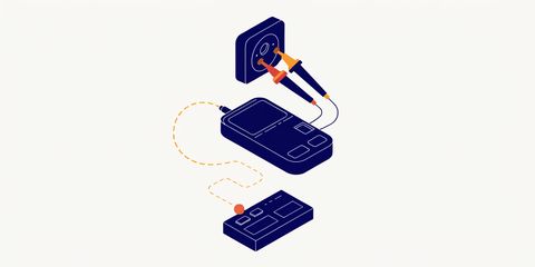 Illustration en style dessiné : un multimètre relié à une prise, le trajet du circuit tracé jusqu'au tableau.