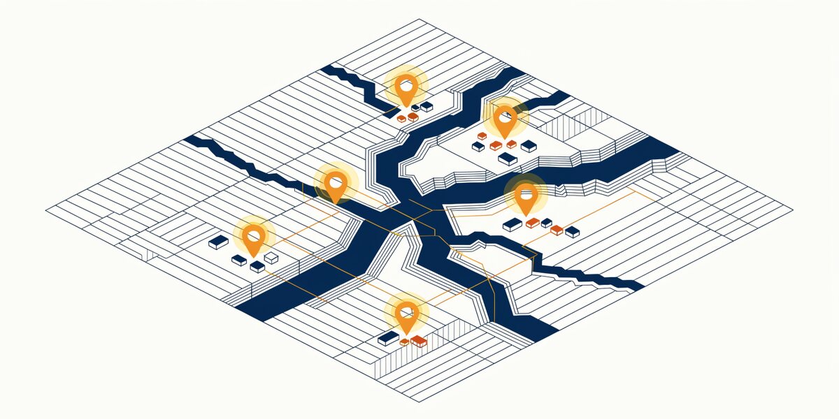 Illustration en style dessiné : carte stylisée avec repères lumineux reliés par des lignes électriques.
