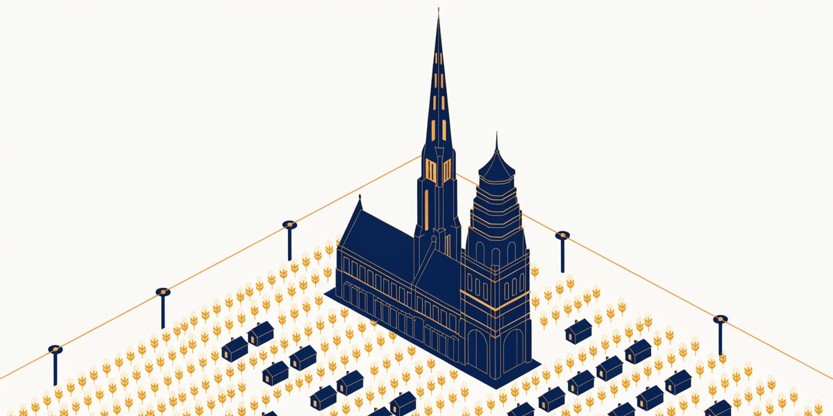 Illustration en style dessiné : paysage urbain évoquant le département Eure-et-Loir (28).
